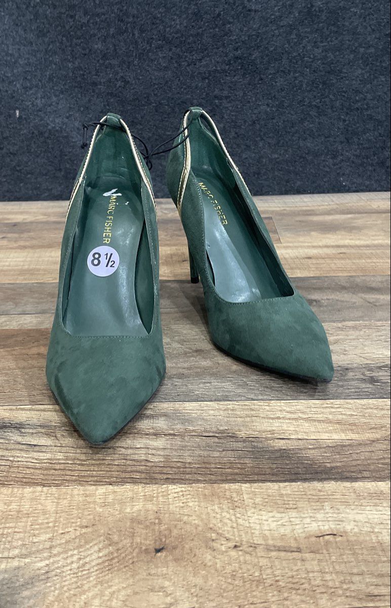 Marc Fisher Forest Green Suede Pointed Toe Stiletto Heels Gold Trim Size 8.5
