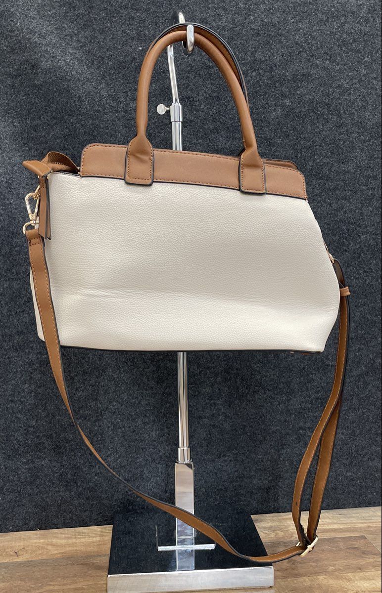 Seven Days White Tan Leather Satchel Handbag Crossbody Gold Tone Hardware