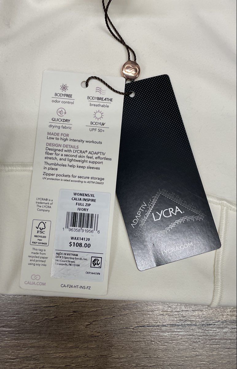 CALIA Women's Inspire Full Zip Jacket Ivory Lycra Adaptiv Thumbholes Sz XL NWT