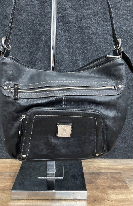 Tignanello Black Leather Multi Pocket Crossbody Bag Silver Hardware