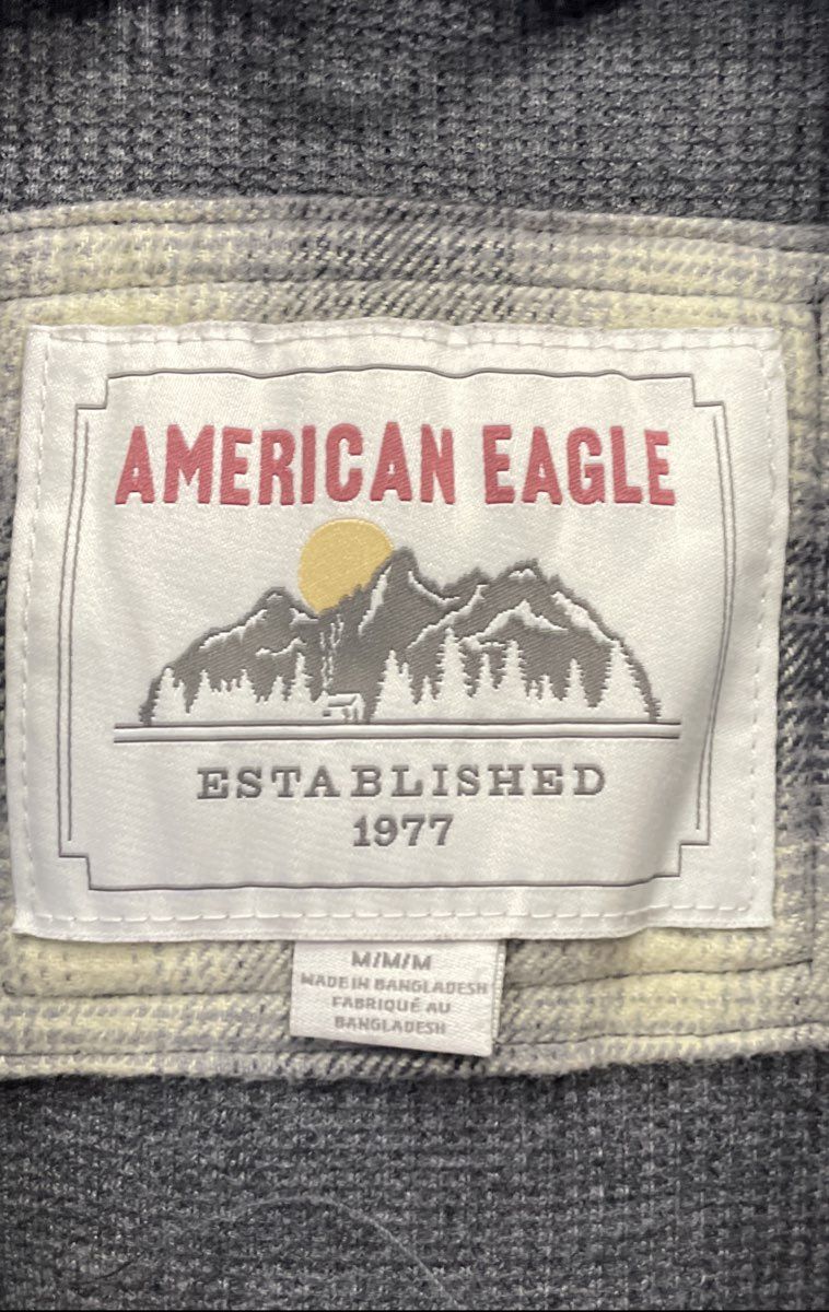 American Eagle Men's Grey Plaid Quilted Hooded Shirt Jacket Sz M