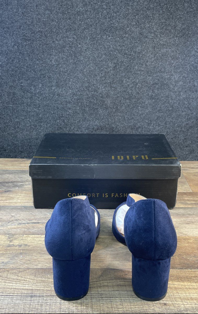 IDIFU Navy Blue Faux Suede Pointed Toe Block Heel Sandals Women's Size 12 DS