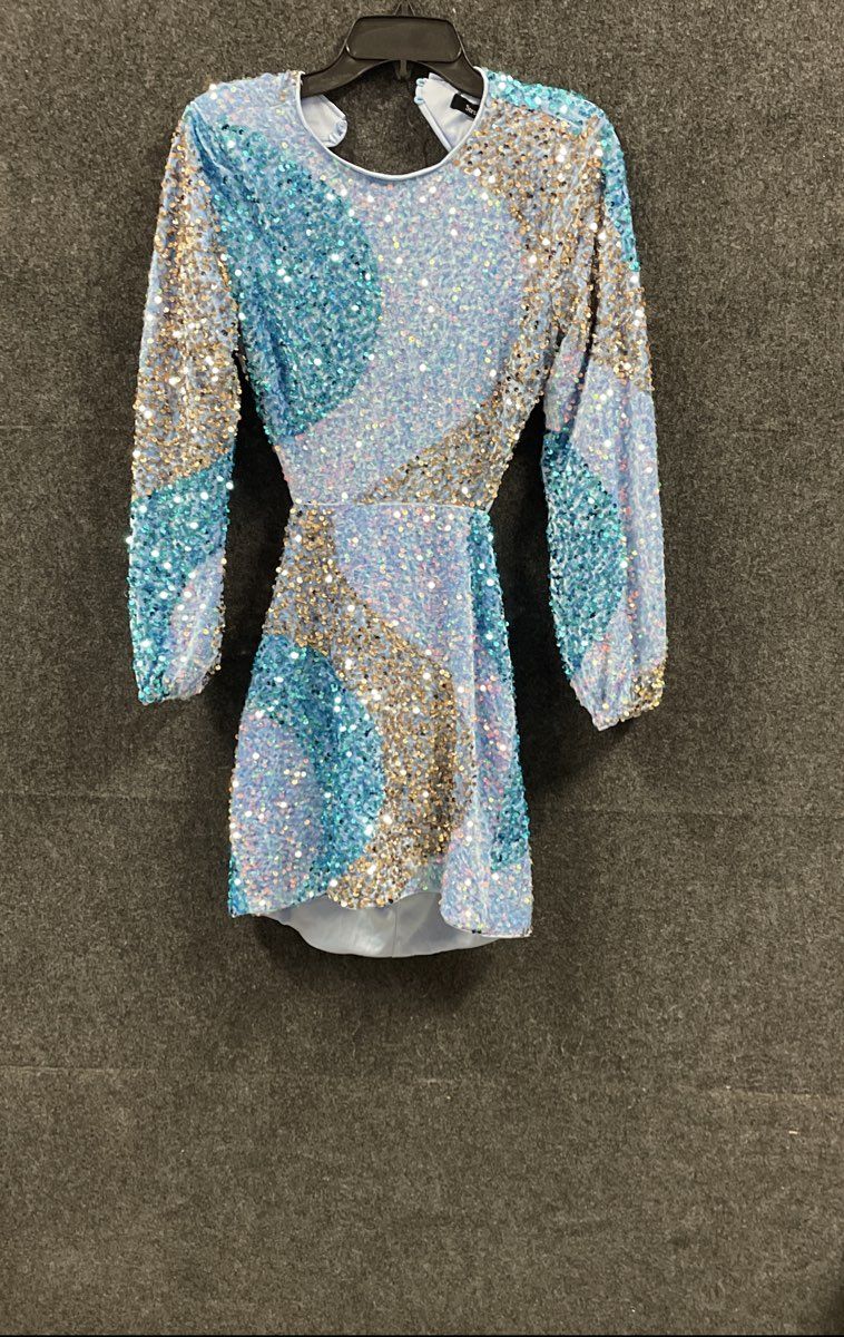 Strut & Bolt Women's Blue Gold Sequin Open Back Mini Dress Long Sleeve Sz S NWT