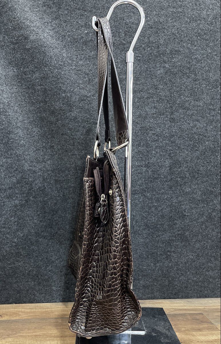 Coldwater Creek Brown Croc Embossed Leather Tote Bag Silver Hardware