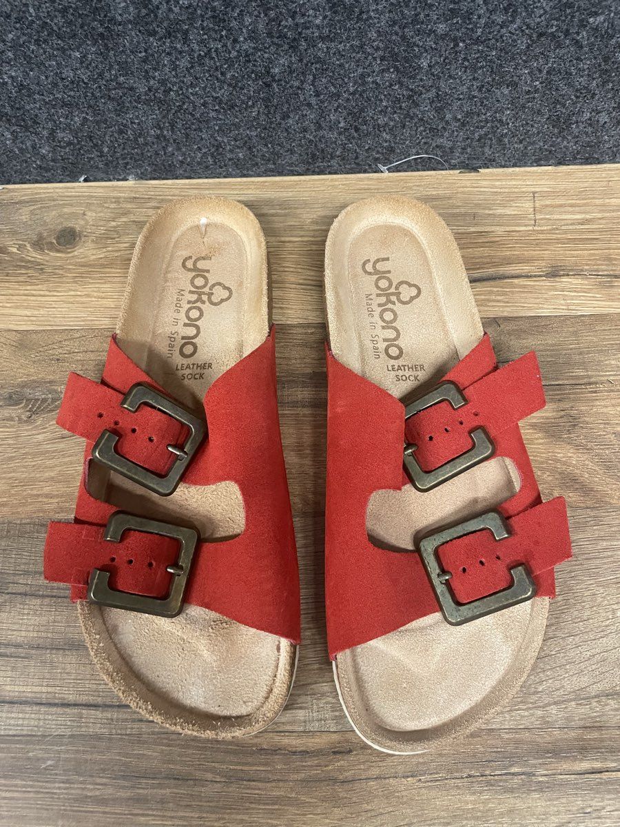 Yokono Red Leather Two-Strap Buckle Slide Sandals Made in Spain Size 7.5