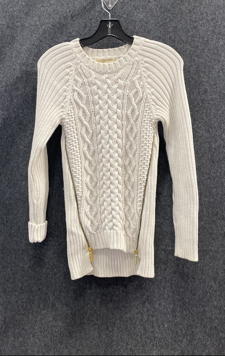 Michael Kors Women's White Cable Knit Side Zip Ribbed Longline Sweater Sz XS
