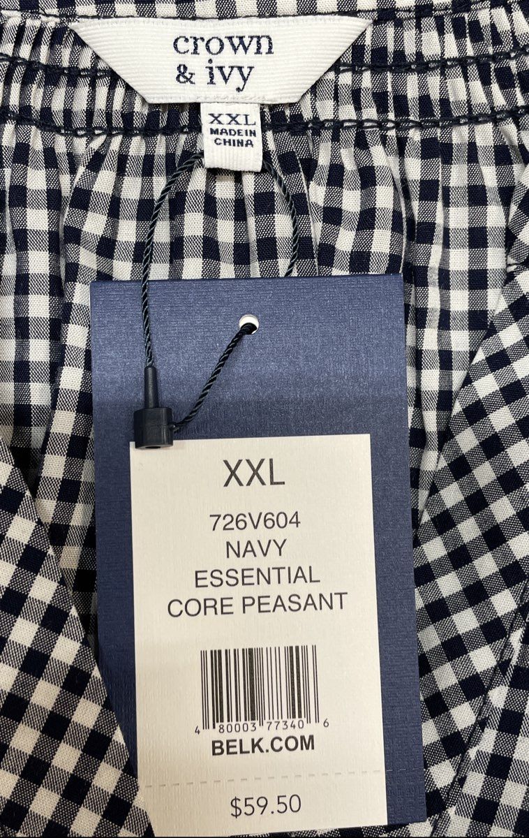 Crown & Ivy Women's Essential Core Peasant Blouse Navy Gingham Size XXL NWT