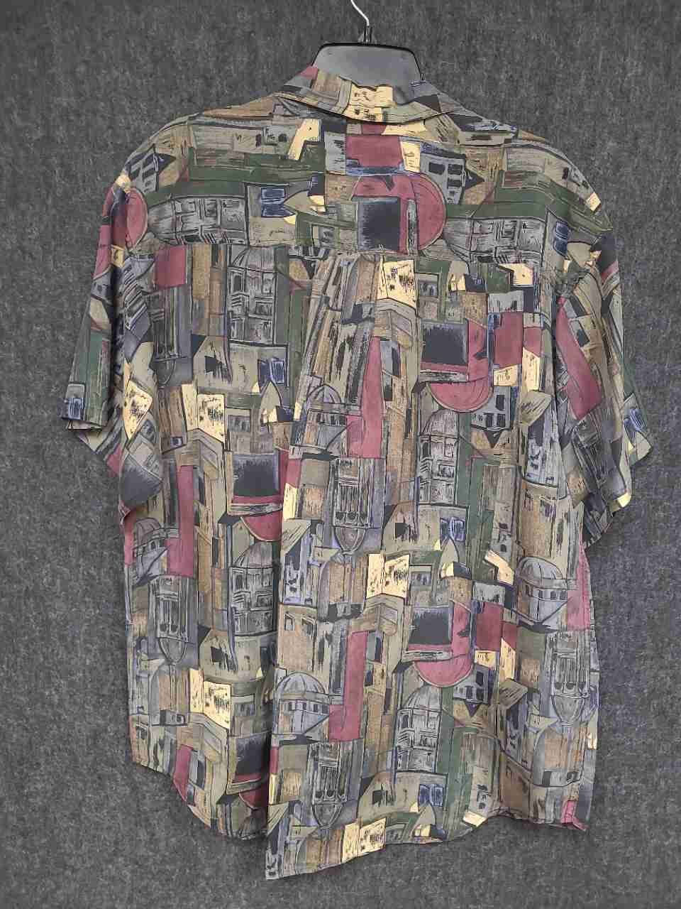 Thums Up Men's Vintage 90s Silk Short Sleeve Abstract Cityscape Print Shirt Sz L