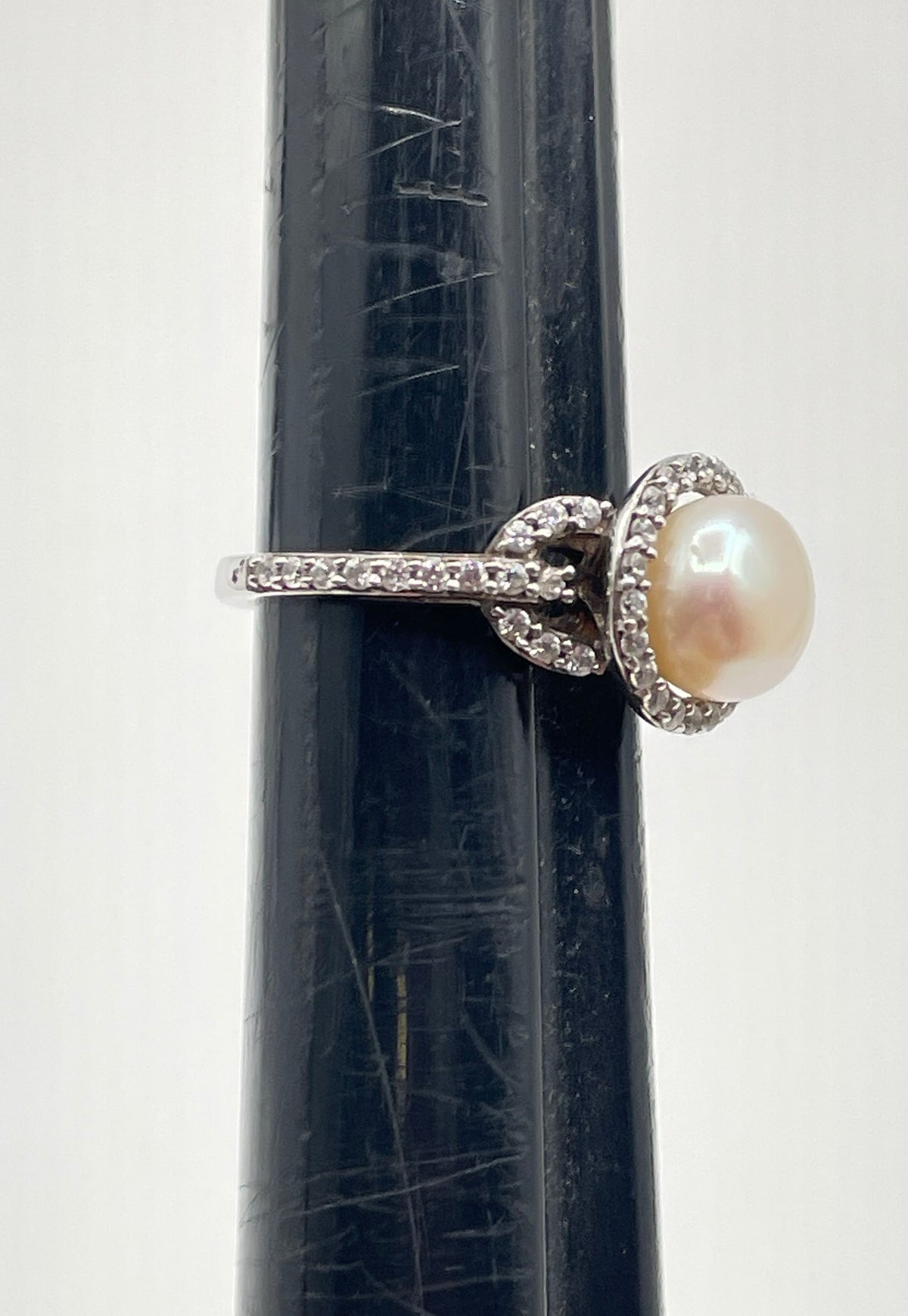 Delmar 925 Sterling Silver White Pearl CZ Halo Accent Ring 3.7g
