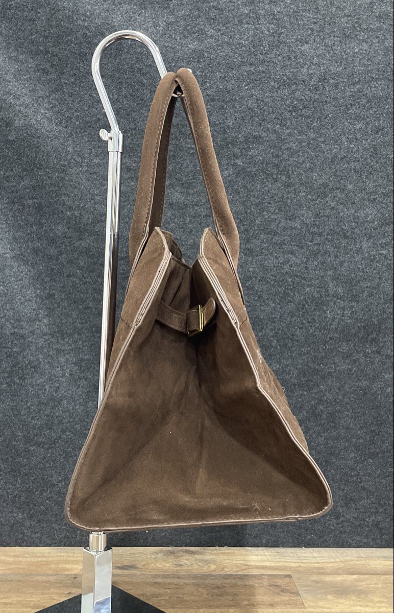 Brown Faux Suede Large Satchel Tote Handbag Gold Tone Hardware