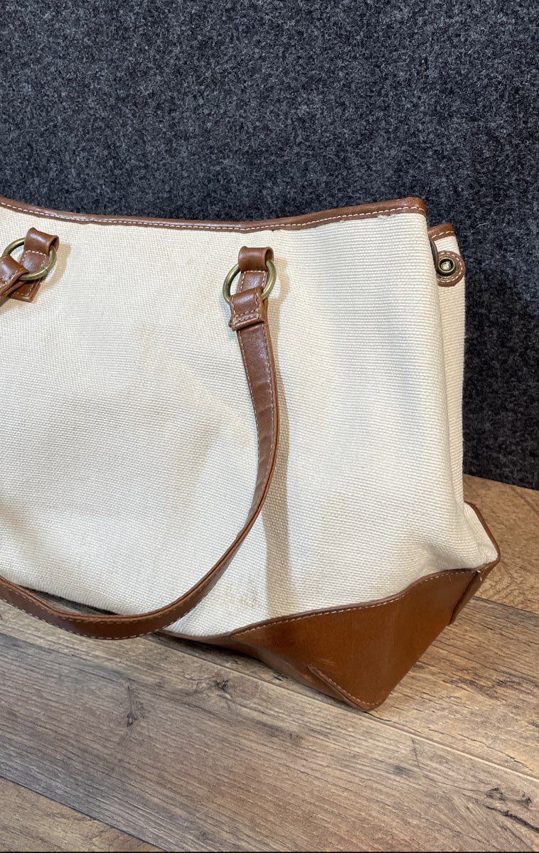 Coldwater Creek Cream Brown Canvas Faux Leather Trim Large Tote Shoulder Bag