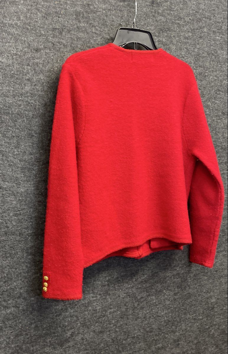 Vintage 90s Karen Scott Women's Red Pure Wool Cardigan Gold Crest Buttons Sz M