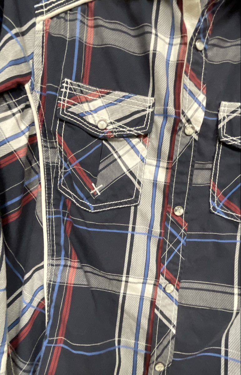 BKE Men's Navy Red Plaid Long Sleeve Western Snap Shirt Tailored Fit Sz S
