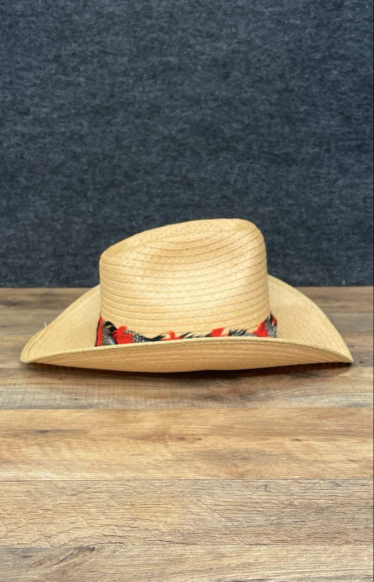 Unisex Tan Woven Straw Western Cowboy Hat Red Black Feather Hatband