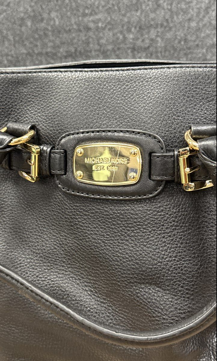 Michael Kors Black Pebbled Leather Hamilton Satchel Tote Bag Gold Hardware