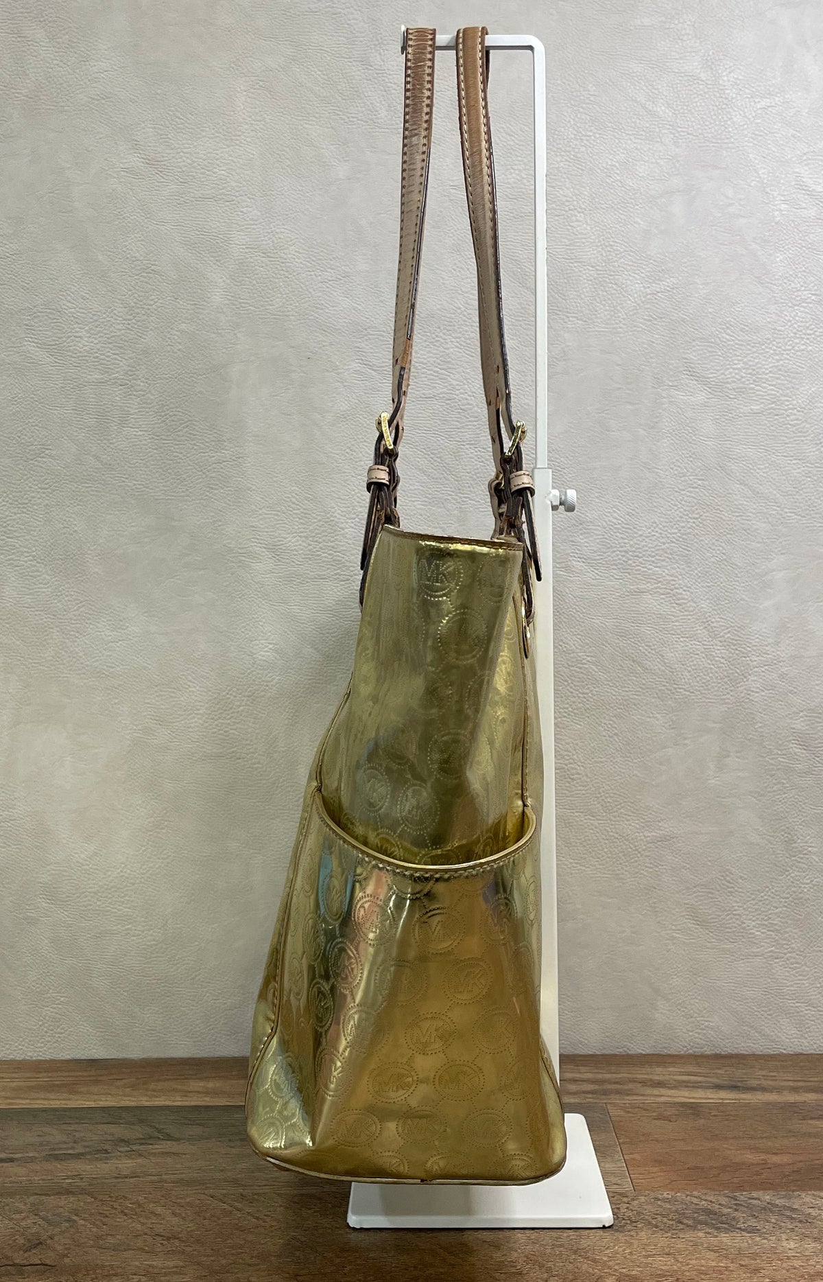 Michael Kors Gold Metallic Logo Embossed Leather Tote Bag Gold Hardware