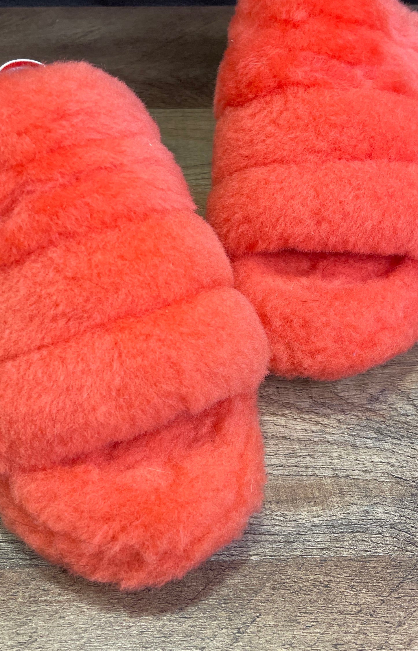 UGG Fluff Yeah Slide Coral Pink Sheepskin Elastic Strap Slippers Women's Size 7