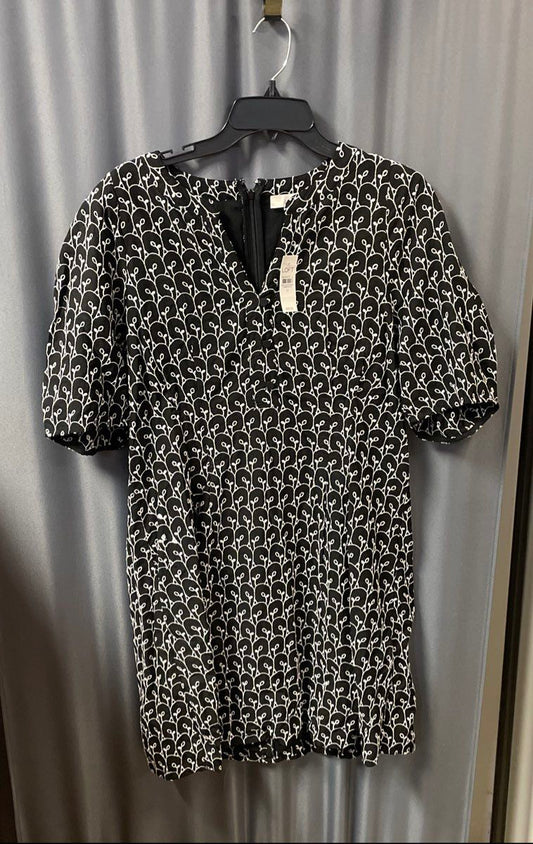 Loft Women's Black White Embroidered Short Puff Sleeve V-Neck Dress Sz 12 NWT