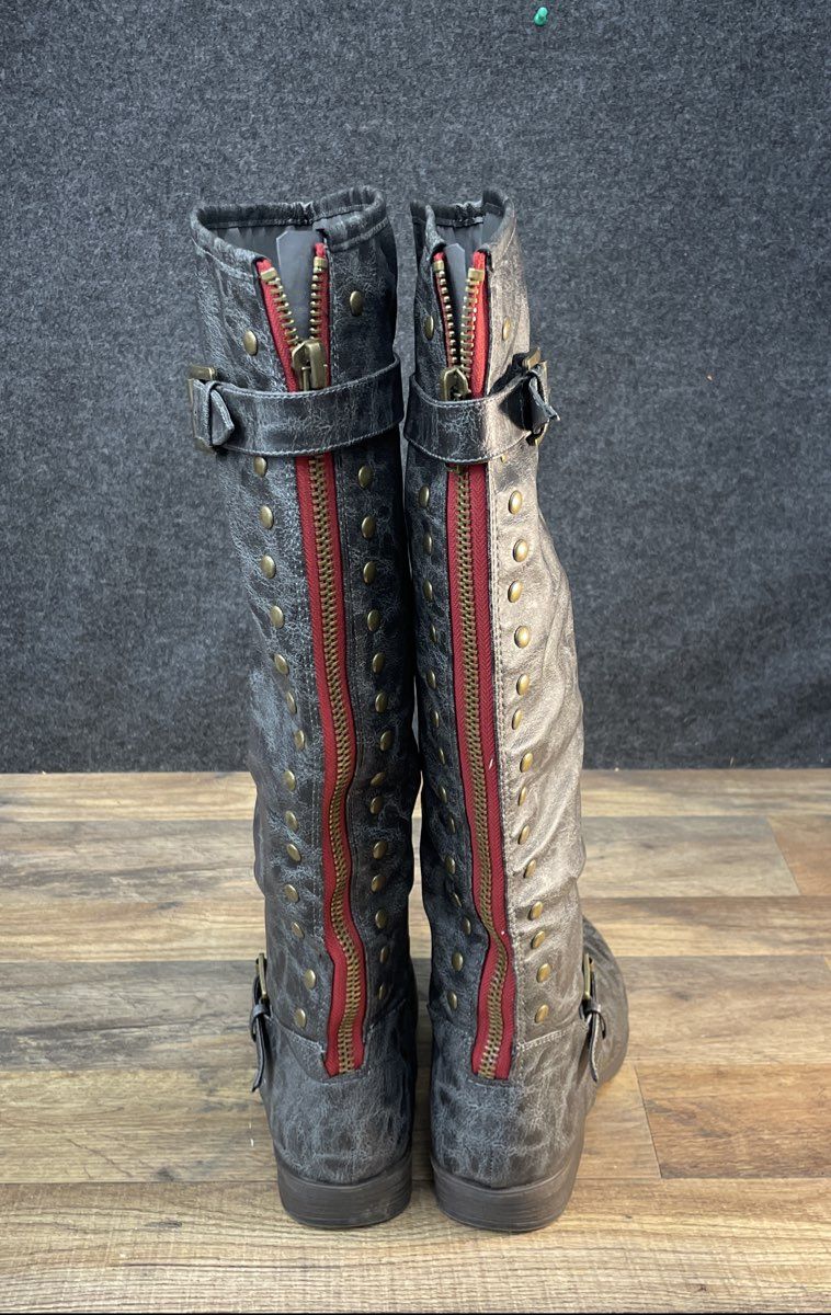 Journee Collection Gray Faux Leather Knee High Studded Back Zipper Boots 9.5