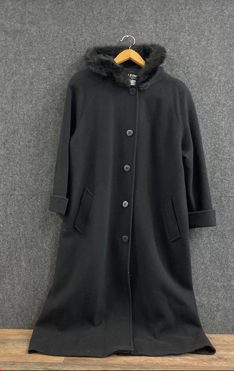 Levine Classics Women's Black 100% Wool Faux Fur Trim Hooded Long Coat Size 16W