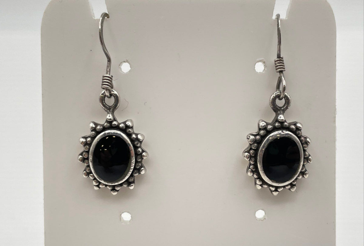 925 Sterling Silver Oval Black Onyx Inlay Granulated Dangle Earrings 6g