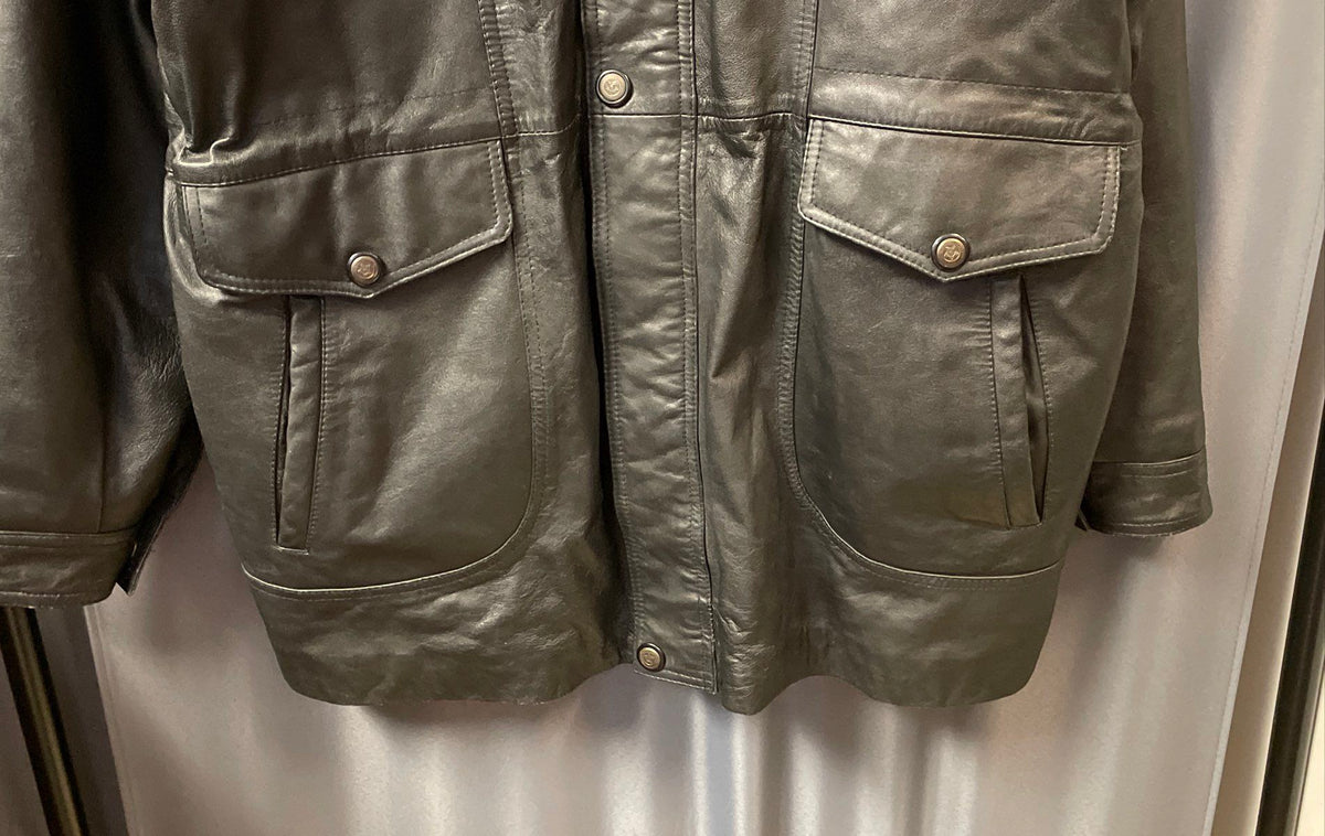 Vintage Oklahoma State Seal Black Leather Hooded Coat Women's Sz L