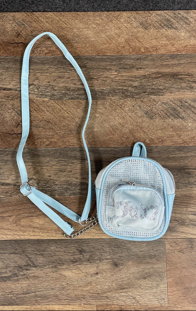 Juicy Couture Kids Light Blue Velour Rhinestone Mini Backpack Crossbody Bag