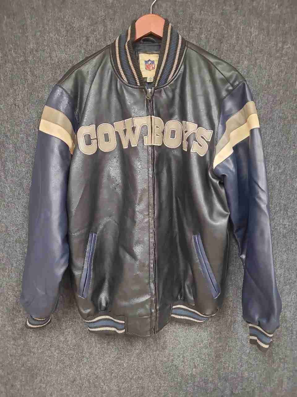 G-III NFL Men's Dallas Cowboys Faux Leather Varsity Jacket Navy Blue Sz M