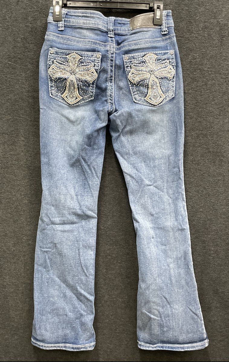 H&Y Women's Blue Embroidered Rhinestone Cross Bootcut Denim Jeans Sz 7/8