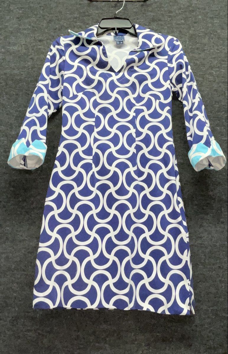 Melly M Women's Navy Blue White Geometric Link Shift Dress Sz 0 Made in USA