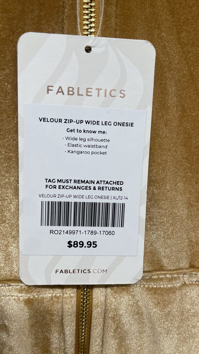 NWT Fabletics Women's Light Honey Gold Velour Zip-Up Wide Leg Jumpsuit Sz XL