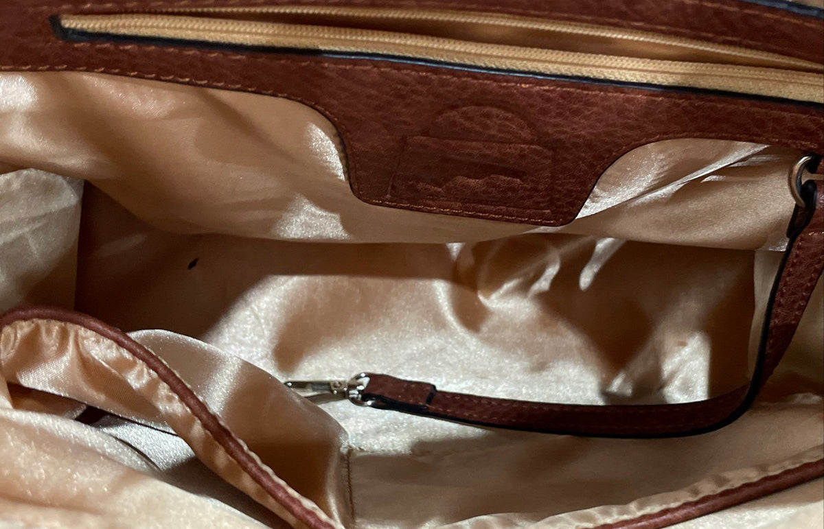 Lady Conceal Brown Leather Satchel Handbag Laced Trim Multi-Pocket