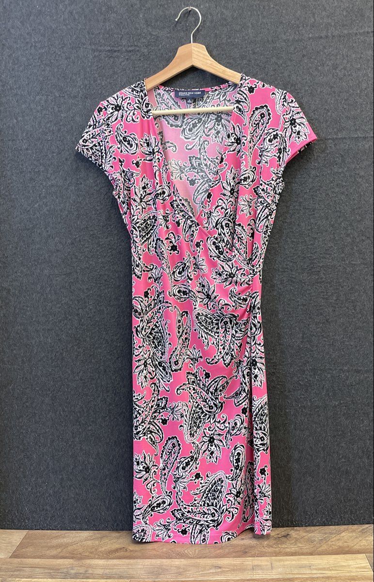 Jones New York Signature Women's Pink Paisley Faux Wrap V-Neck Dress Sz S