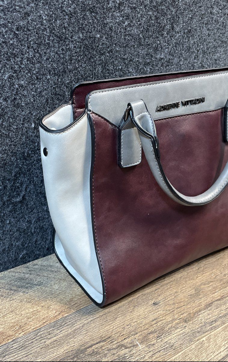 Adrienne Vittadini Burgundy Grey Cream Colorblock Satchel Handbag Large