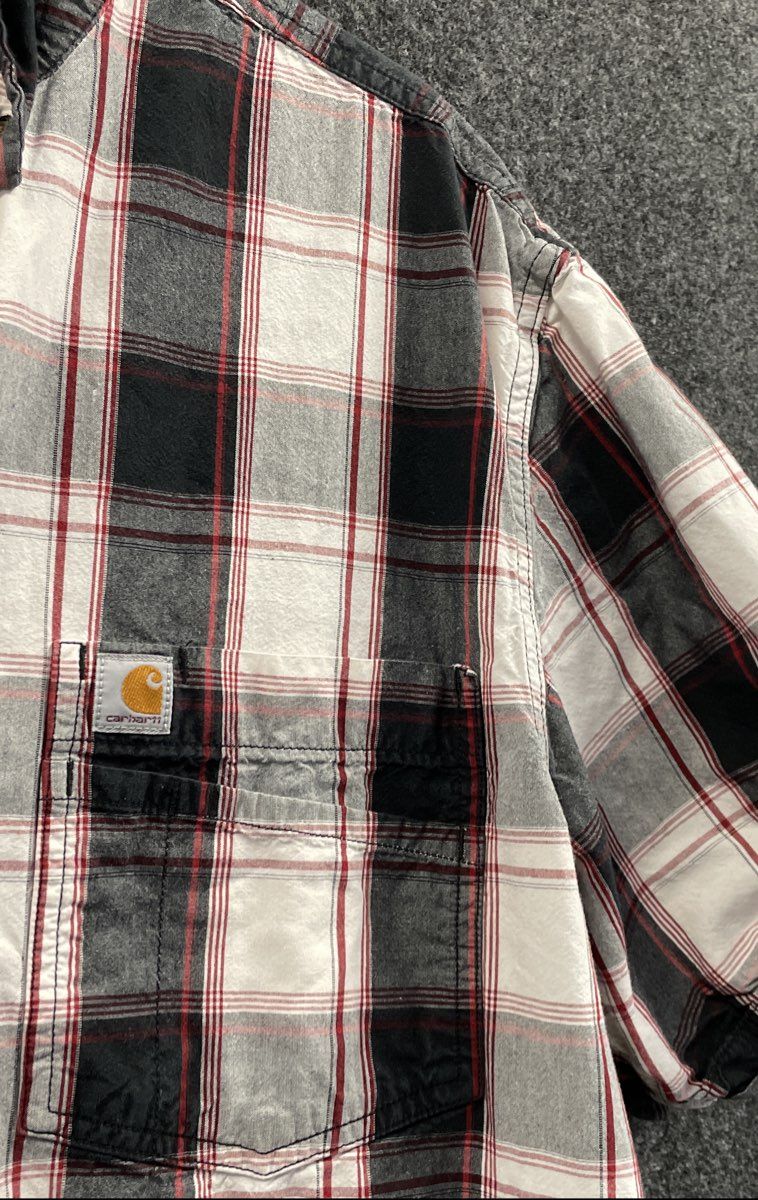 Carhartt Men's Short Sleeve Button Up Shirt Black White Red Plaid Relaxed Sz L
