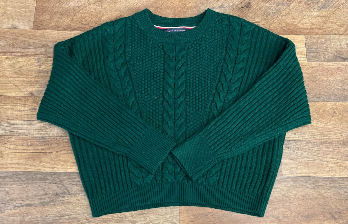Tommy Hilfiger Women's Green Cable Knit Crew Neck Sweater Size S