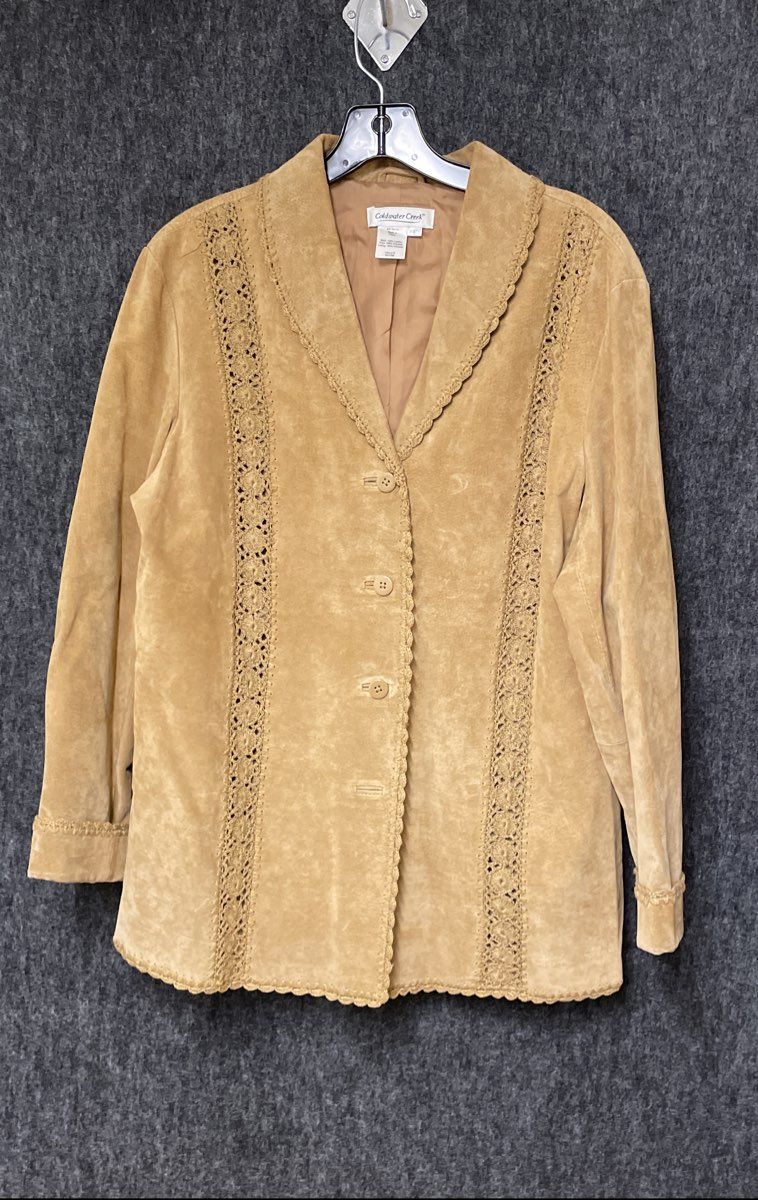 Coldwater Creek Women's Tan Suede Jacket Crochet Lace Trim Blazer Sz L