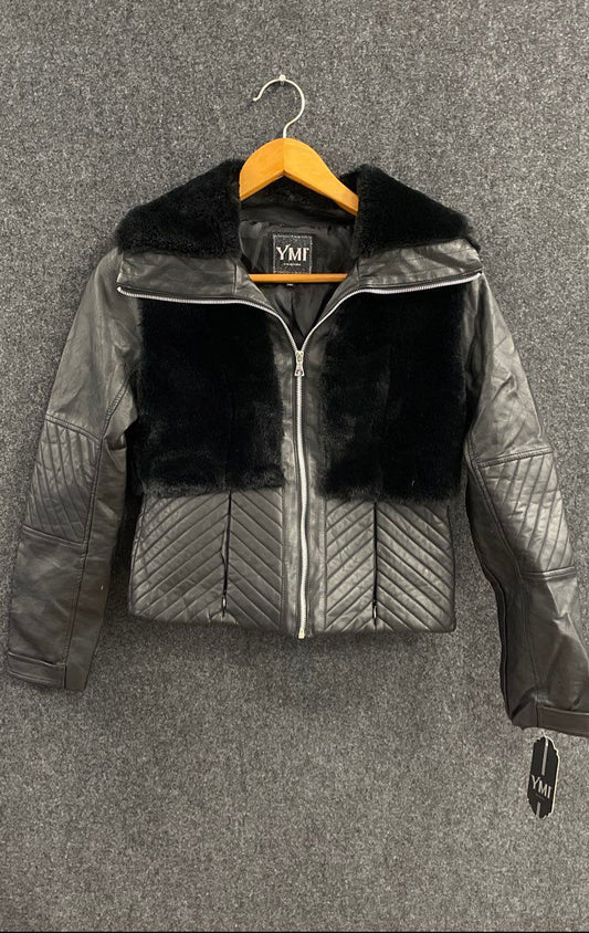 YMI Collection Women's Moto Jacket Black NWT Faux Fur Quilted Faux Leather Sz L