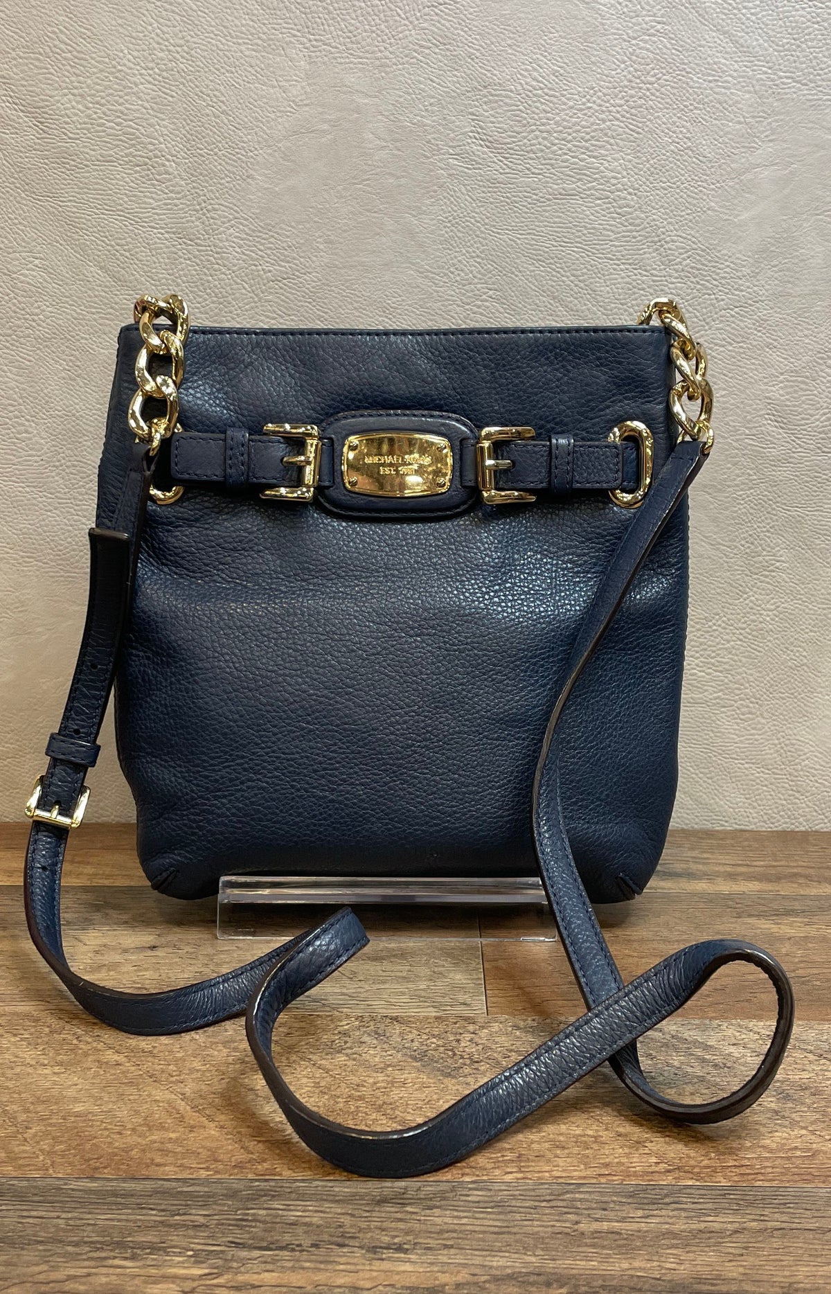 Michael Kors Navy Blue Pebbled Leather Bedford Crossbody Bag Gold Hardware