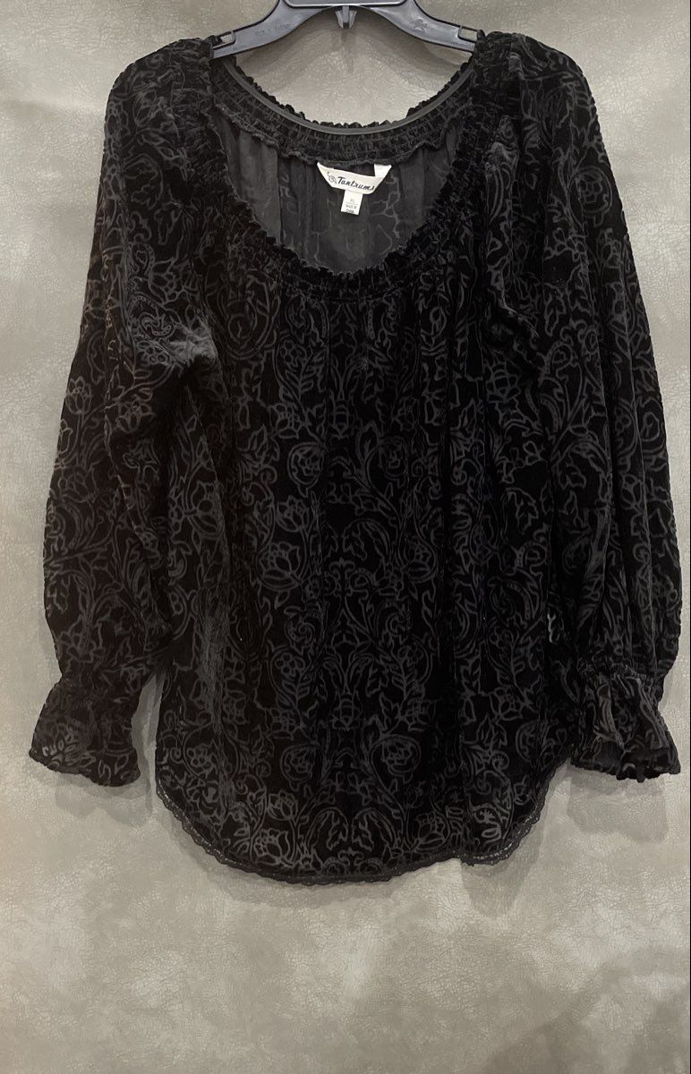 Tantrums Women's Black Burnout Velvet Floral Damask Blouse Ruffle Cuffs Sz XL