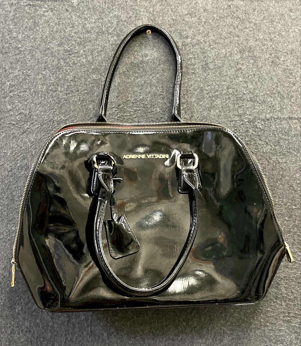 Adrienne Vittadini Black Patent Dome Satchel Bag Gold Tone Hardware
