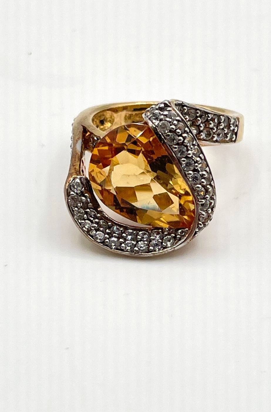 Gold Plated 925 Sterling Silver Pear Cut Citrine Cocktail Ring 9.4g
