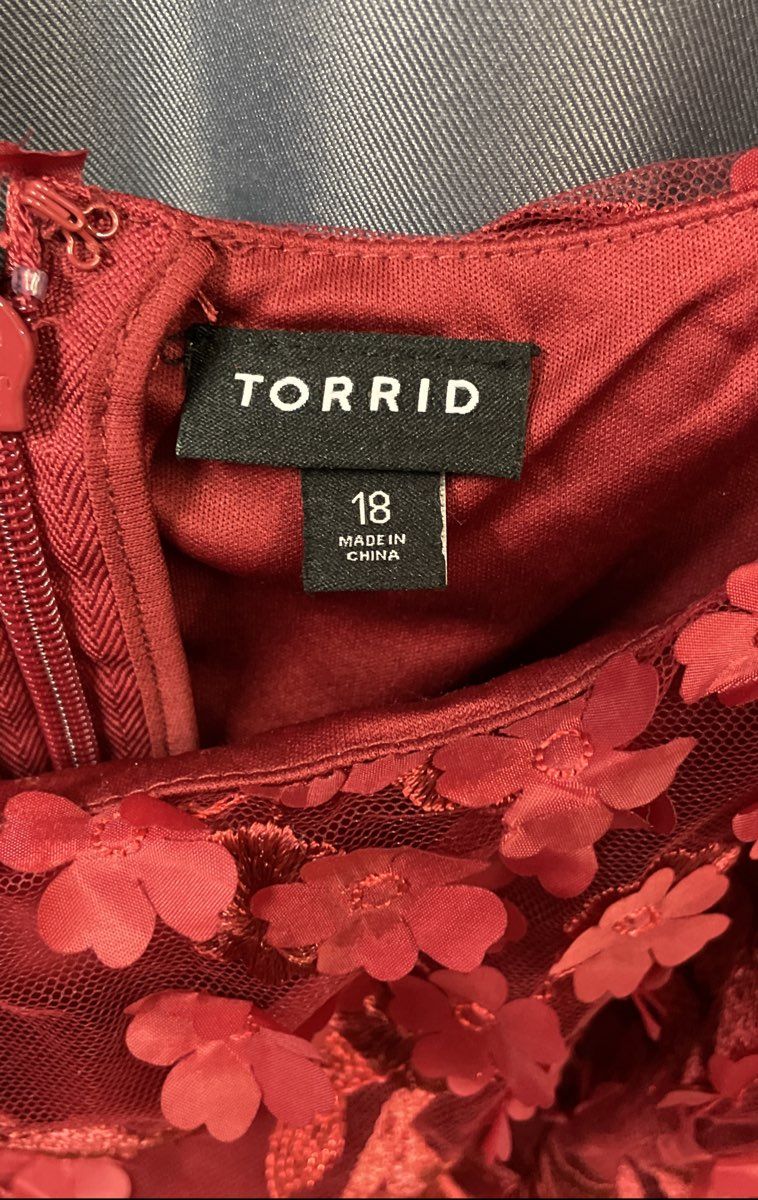Torrid Women's Red 3D Floral Applique Mesh Puff Sleeve Party Dress Sz 18
