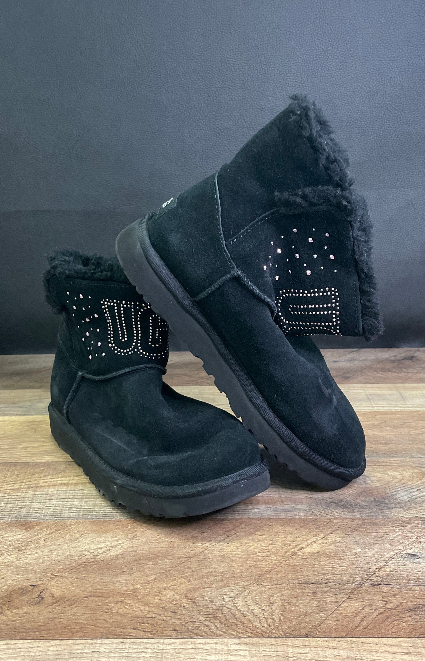 UGG Classic Mini Crystal Graphic Black Suede Boots Women's Size 7