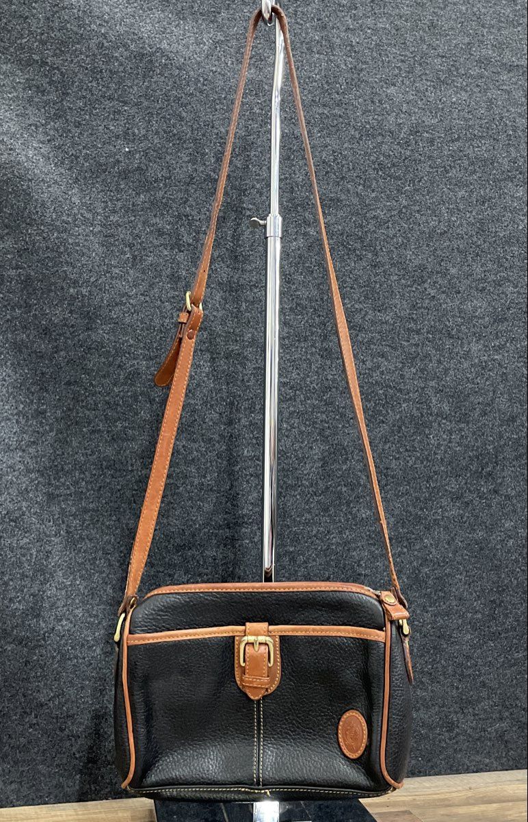 Vintage Liz Claiborne Black Pebble Leather Crossbody Purse Bag Tan Trim Brass