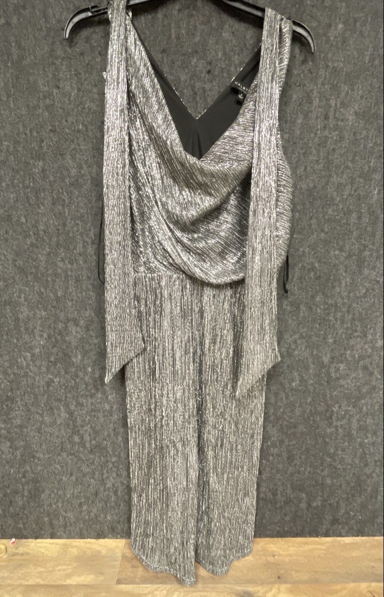 Halston Heritage Women's Silver Metallic Pleated Draped Neck Jumpsuit Size M