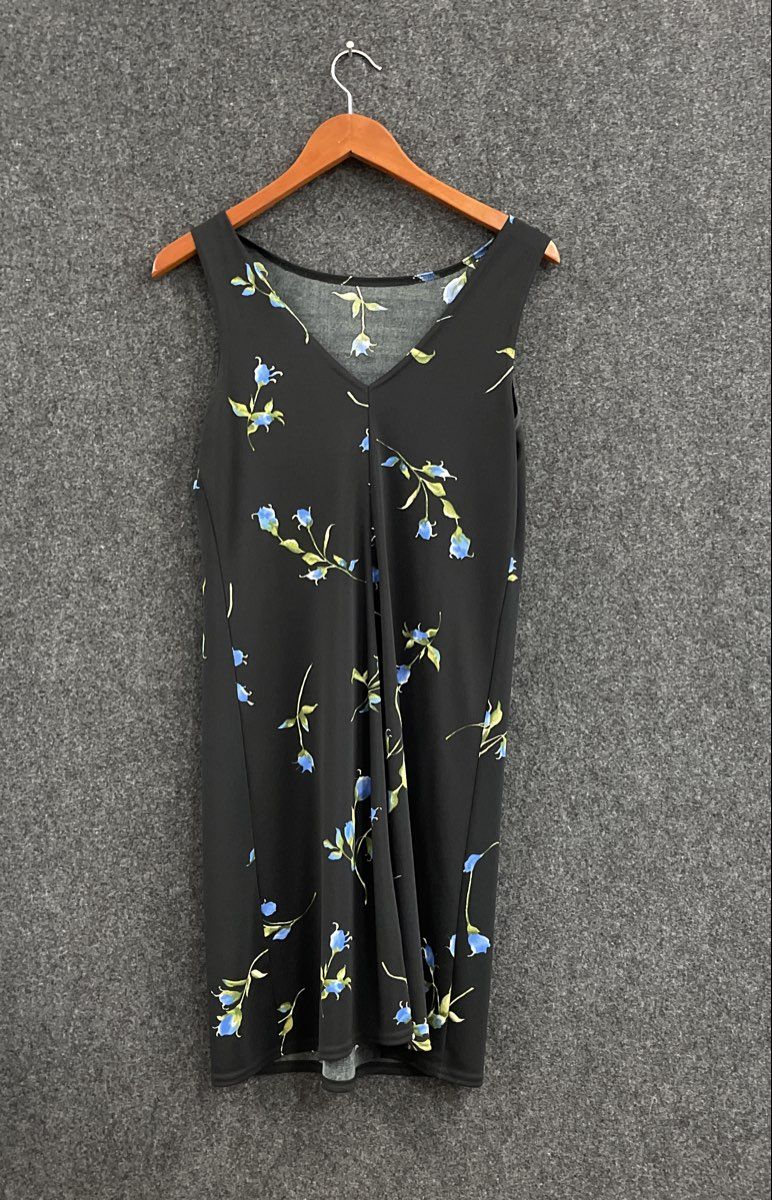 Vintage 90s G.A.S. Women's Black Blue Floral Sleeveless Shift Dress Sz L