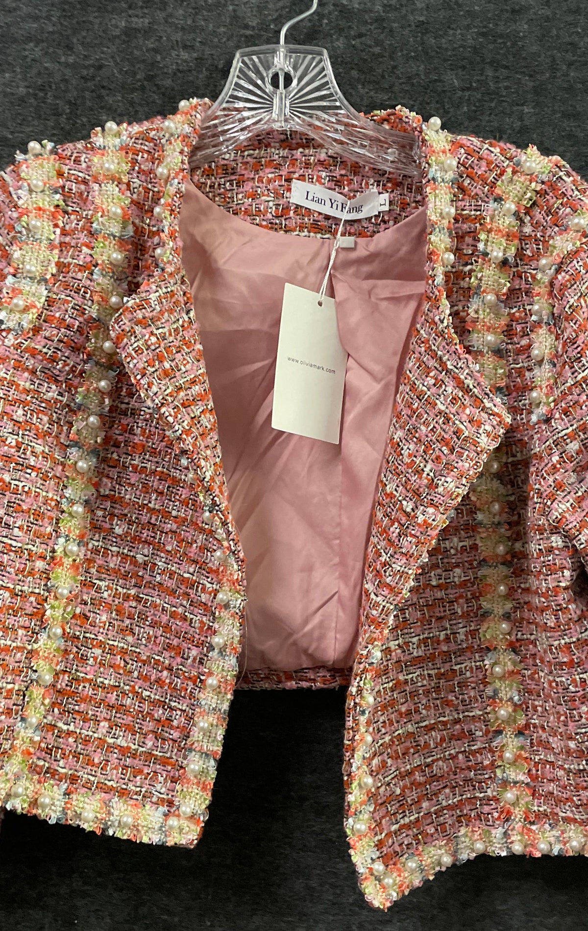 Lian Yi Fang Women's Pink Tweed Boucle Pearl Trim Open Front Jacket Sz L NWT