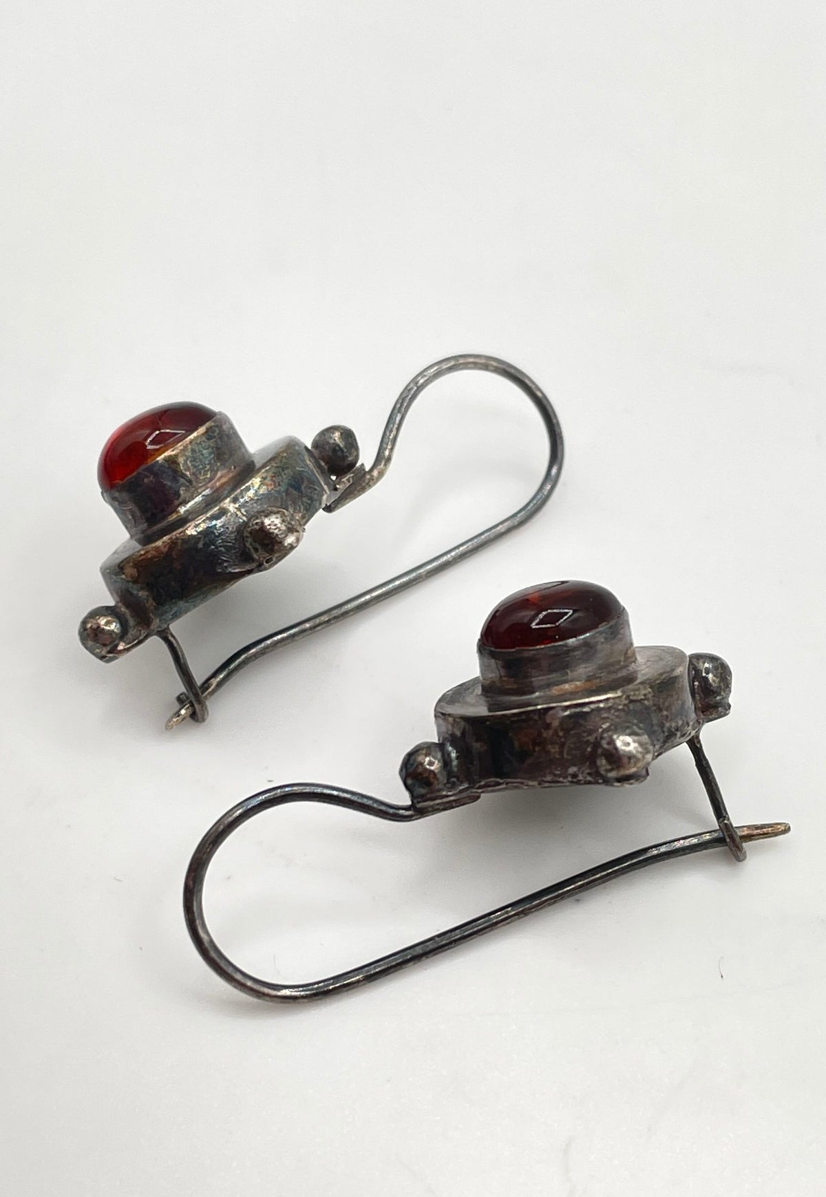 925 Sterling Silver Amber Cabochon Drop Hook Earrings 3.7g