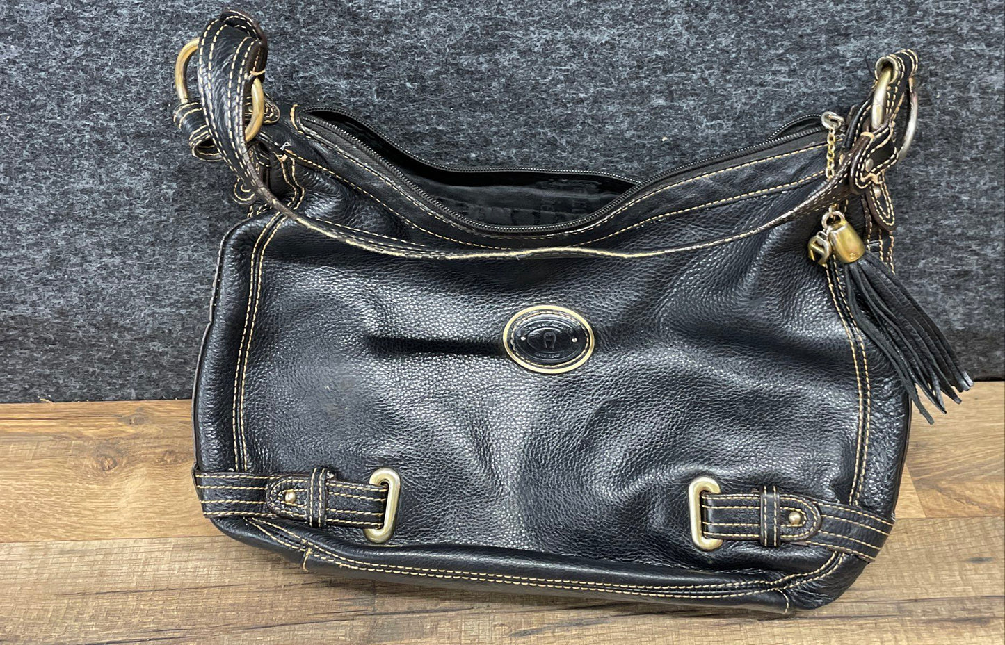 Etienne Aigner Black Leather Shoulder Bag Vintage Hobo Brass Hardware Tassel